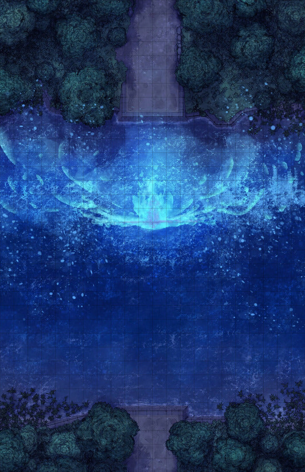 Forest Bridge Battlemap - blue fountain water droplets - Digital, Foundry VTT, Print