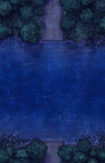 Forest Bridge Battlemap - blue watercolor painting serene lake - Digital, Foundry VTT, Print