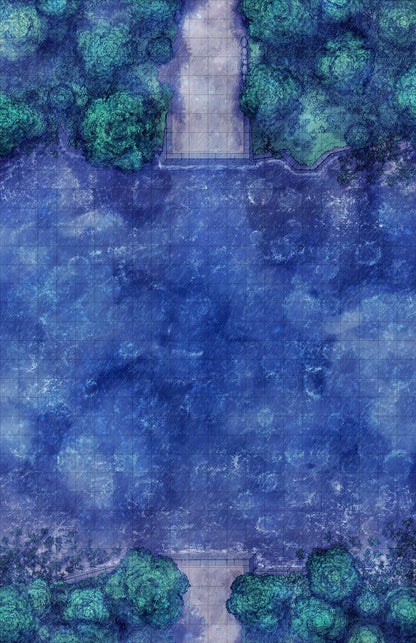 Forest Bridge Battlemap - blue watercolor puzzle green trees - Digital, Foundry VTT, Print