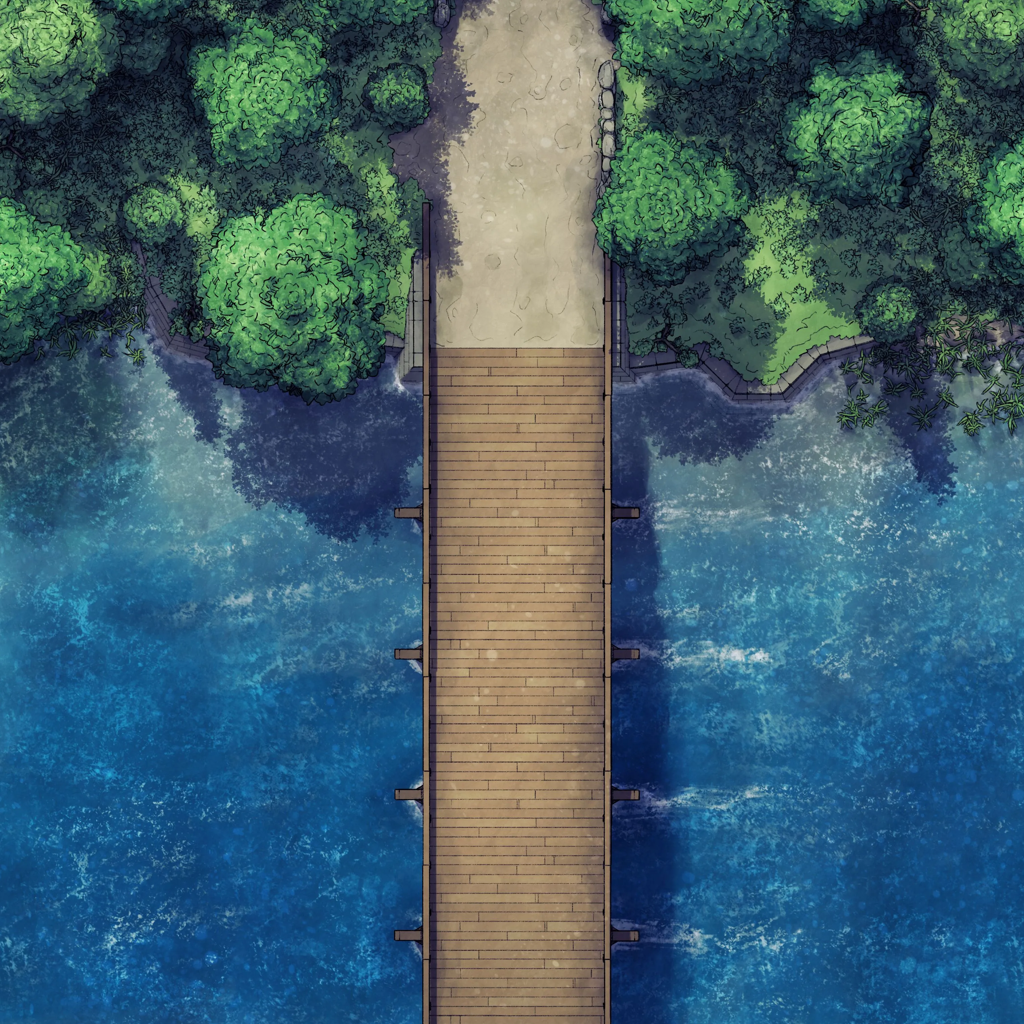 Forest Bridge Battlemap - wooden pier water - Digital, Foundry VTT, Print