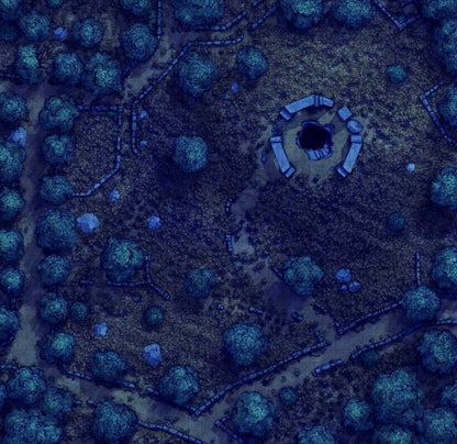 Forgotten Golden Wheat Fields Battlemap - blue circular tent white poles - Digital, Foundry VTT, Print