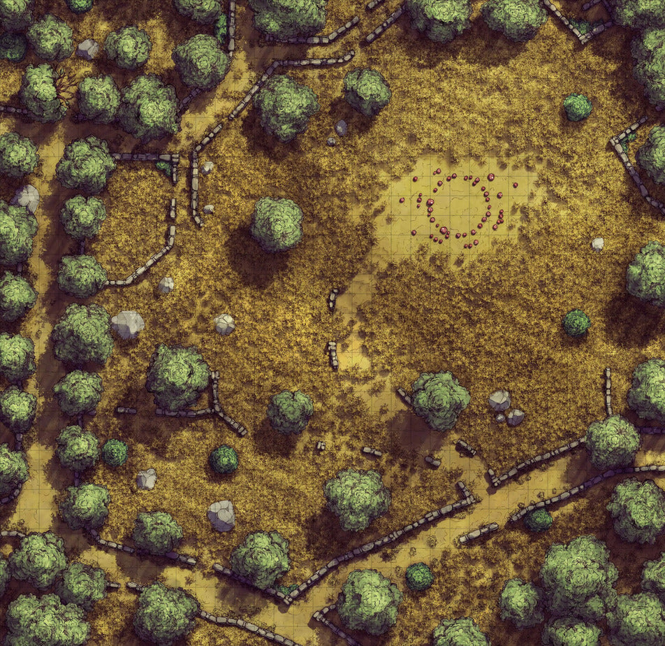 Forgotten Golden Wheat Fields Battlemap - golden circular stone maze intricate - Digital, Foundry VTT, Print