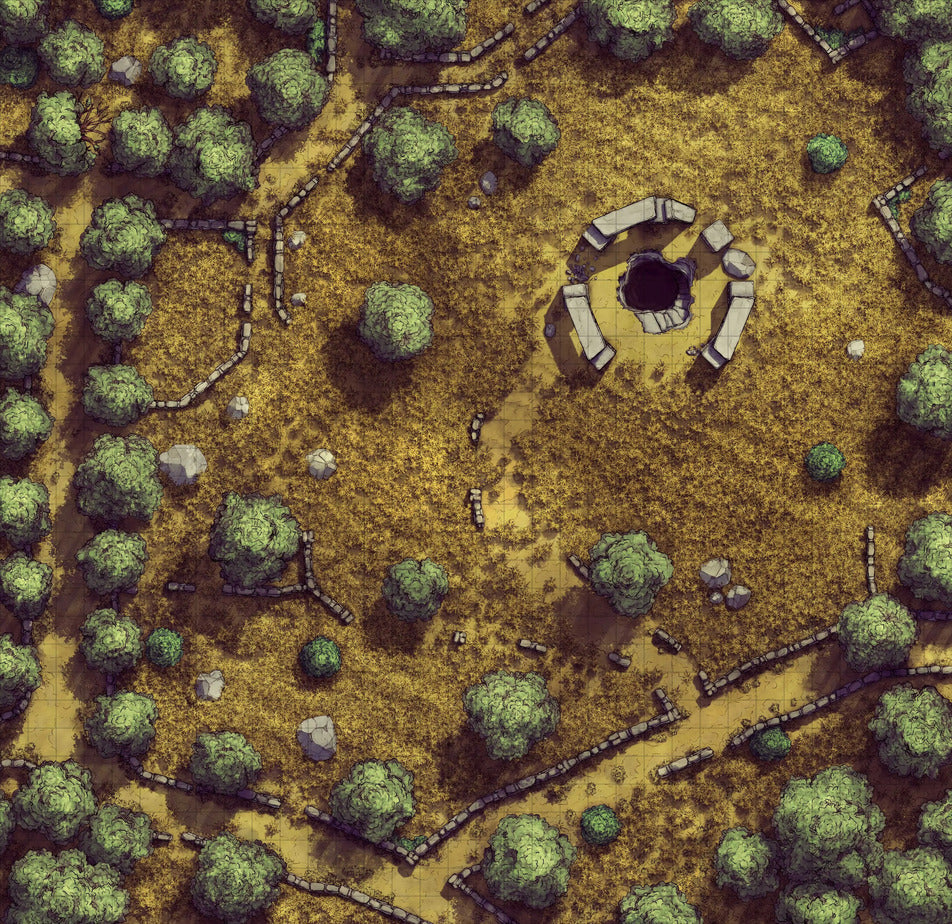 Forgotten Golden Wheat Fields Battlemap - green circular stone structure central - Digital, Foundry VTT, Print