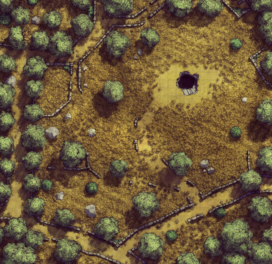 Forgotten Golden Wheat Fields Battlemap - green leafy bush yellow center - Digital, Foundry VTT, Print