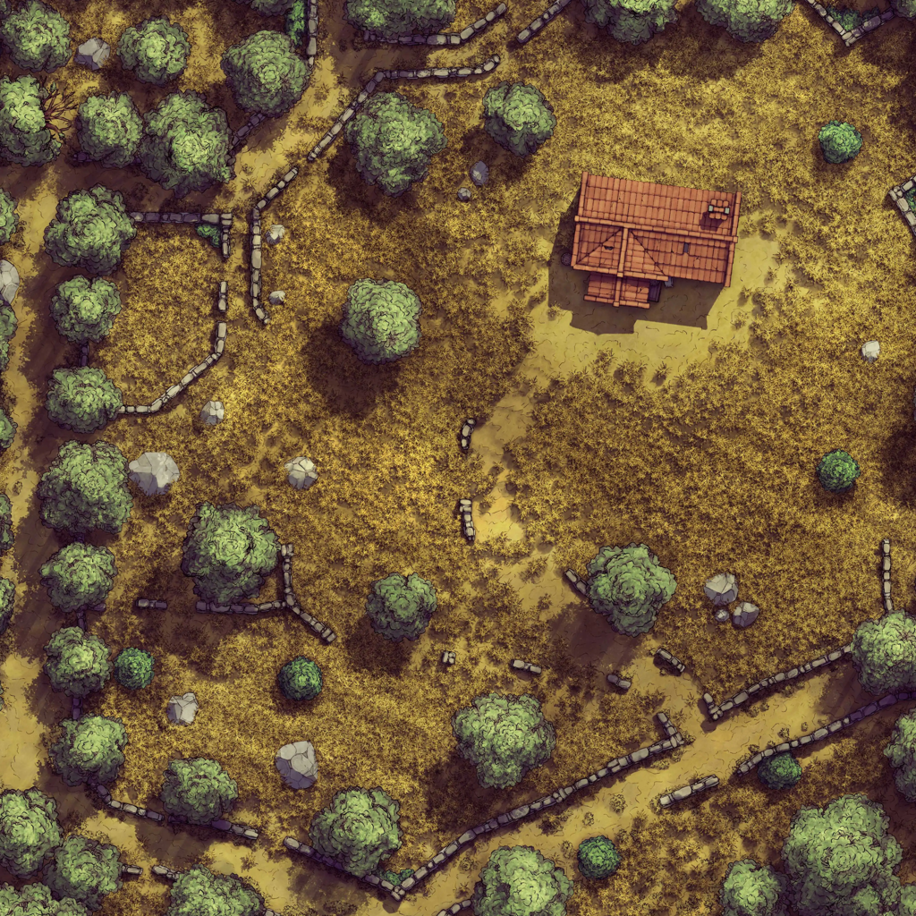 Forgotten Golden Wheat Fields Battlemap - red roofed cabin wooden walls - Digital, Foundry VTT, Print