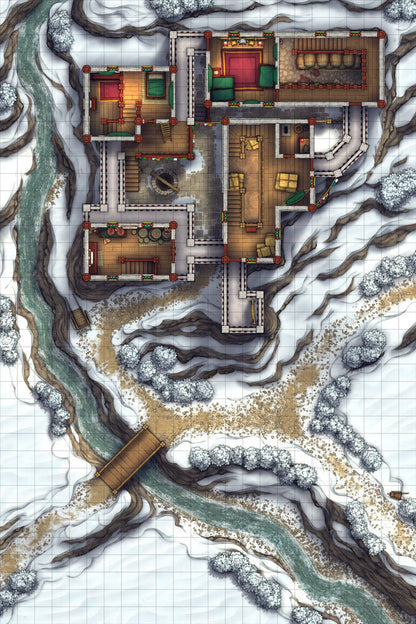 Fortified Farm House Battlemap - winter-themed fantasy battle map multi-room - Digital, Foundry VTT, Print