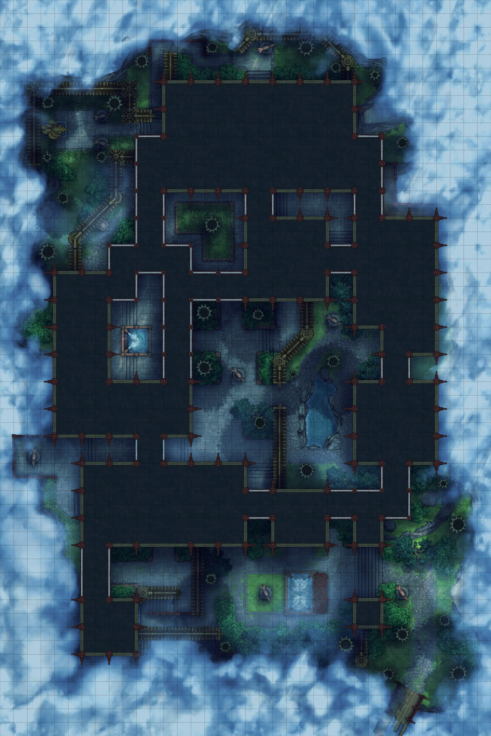 Fox Spirit’s Island Palace - Modular Dungeon Tileset Battlemap - black rectangular green accents windows - Digital,