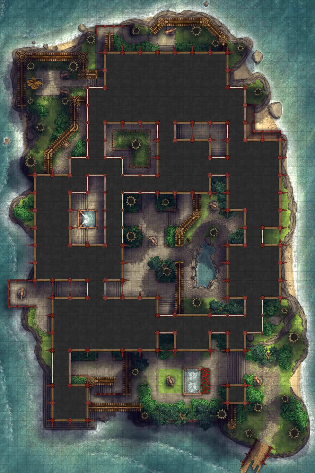 Fox Spirit’s Island Palace - Modular Dungeon Tileset Battlemap - black fortress map red green - Digital, Foundry VTT,