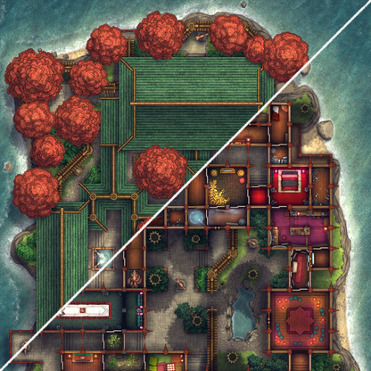 Fox Spirit’s Island Palace - Modular Dungeon Tileset Battlemap - green red tiled house courtyard - Digital, Foundry