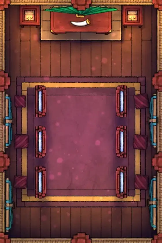 Fox Spirit’s Island Palace - Modular Dungeon Tileset Battlemap - red wooden table four chairs - Digital, Foundry VTT,