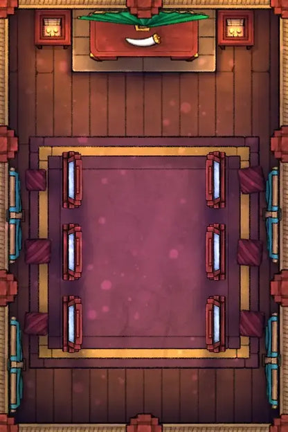 Fox Spirit’s Island Palace - Modular Dungeon Tileset Battlemap - red wooden table four chairs - Digital, Foundry VTT,
