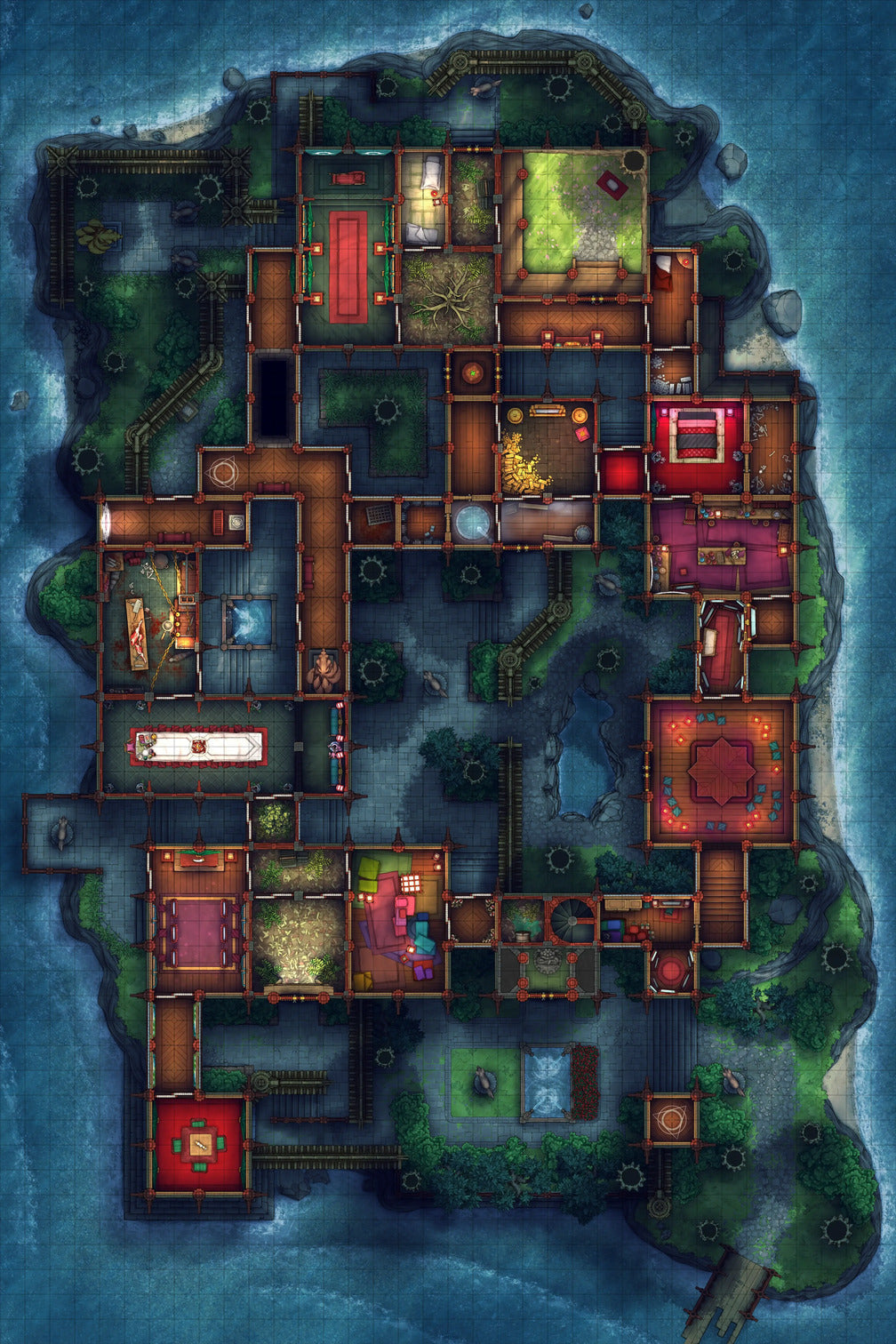 Fox Spirit’s Island Palace - Modular Dungeon Tileset Battlemap - wooden castle model red green - Digital, Foundry VTT,