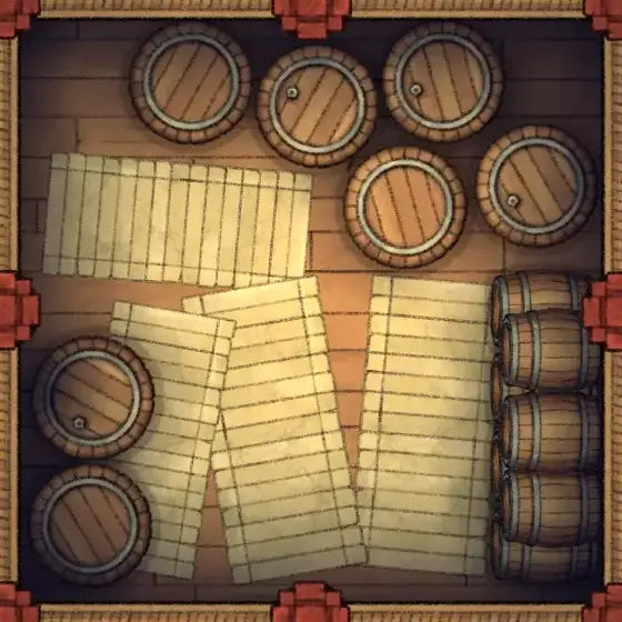Fox Spirit’s Island Palace - Modular Dungeon Tileset Battlemap - wooden barrel set metal bands - Digital, Foundry VTT,