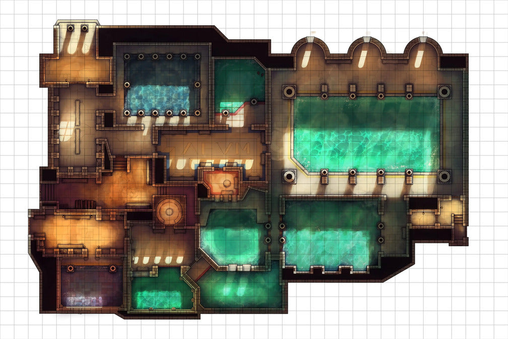 Greco-Roman Bathhouse Battlemap - detailed fantasy bathhouse floor plan - Digital, Foundry VTT, Print