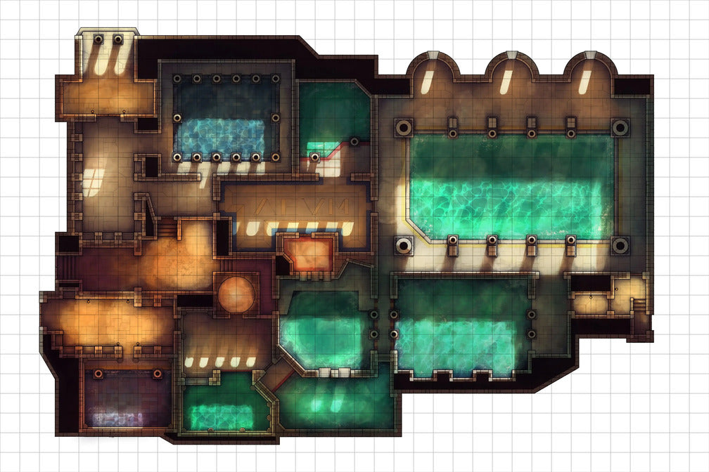 Greco-Roman Bathhouse Battlemap - fantasy bathhouse floor plan - Digital, Foundry VTT, Print