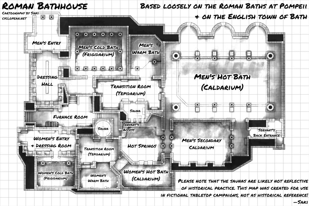 Greco-Roman Bathhouse Battlemap - roman bathhouse floor plan - Digital, Foundry VTT, Print