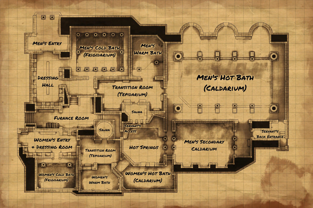 Greco-Roman Bathhouse Battlemap - floor plan bathhouse - Digital, Foundry VTT, Print