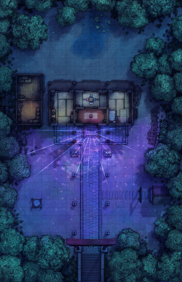 Hakurei Shrine Battlemap - nighttime temple complex - Digital, Foundry VTT, Print