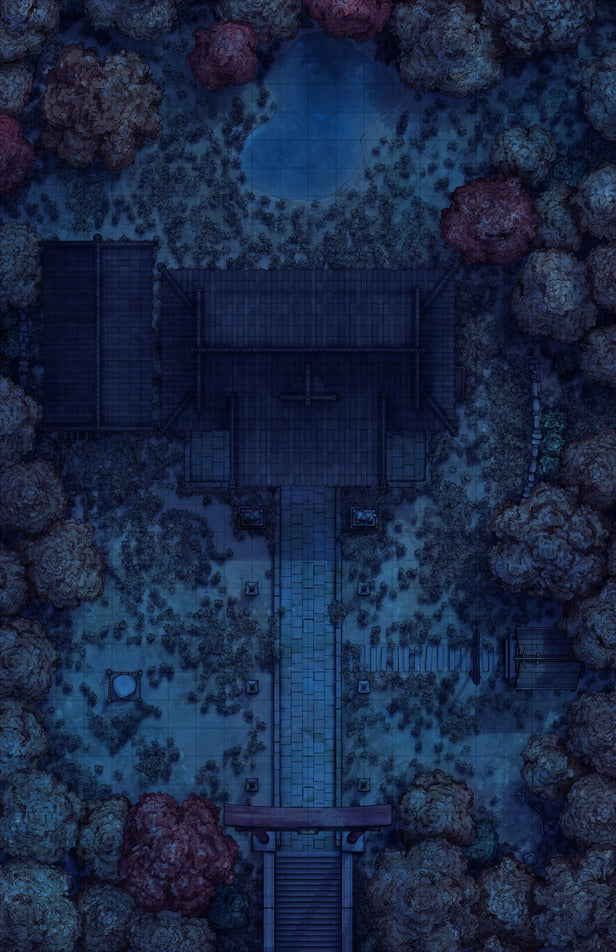 Hakurei Shrine Battlemap - nighttime temple complex - Digital, Foundry VTT, Print