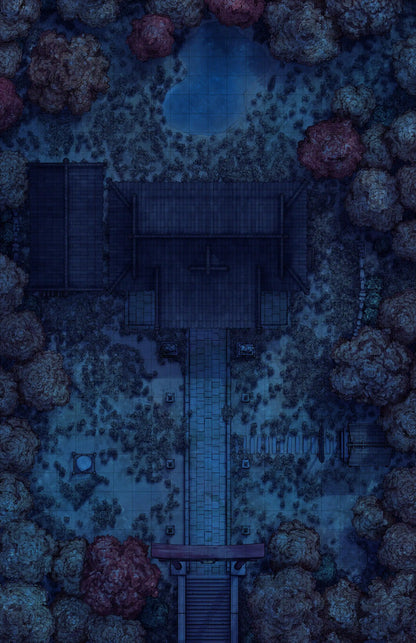 Hakurei Shrine Battlemap - nighttime temple complex - Digital, Foundry VTT, Print