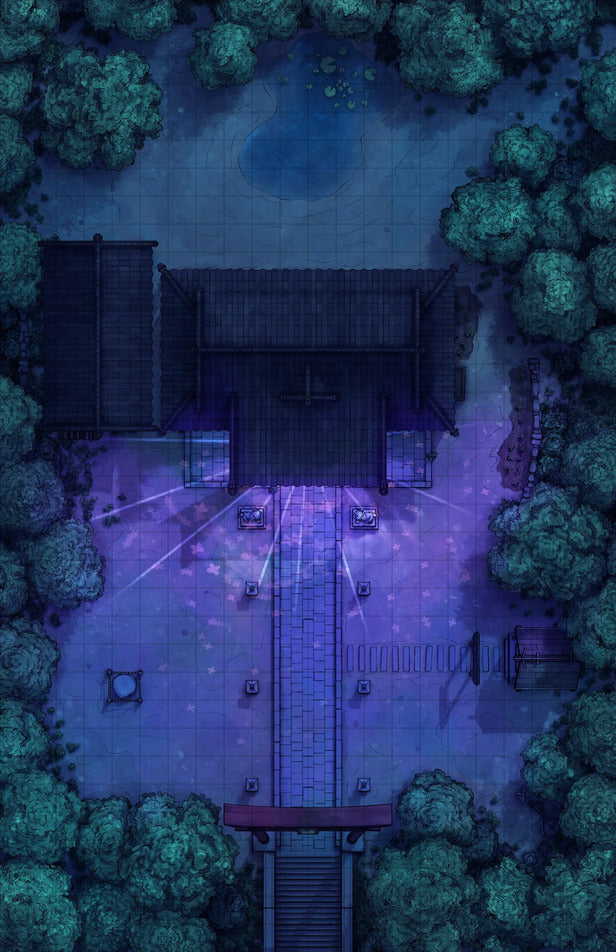 Hakurei Shrine Battlemap - nighttime temple courtyard - Digital, Foundry VTT, Print