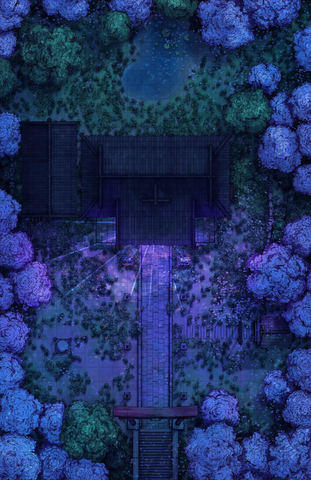 Hakurei Shrine Battlemap - overhead view dark forested temple - Digital, Foundry VTT, Print