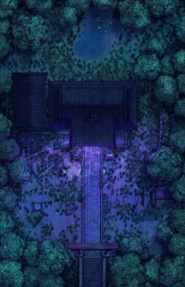 Hakurei Shrine Battlemap - overhead view dark forested temple - Digital, Foundry VTT, Print