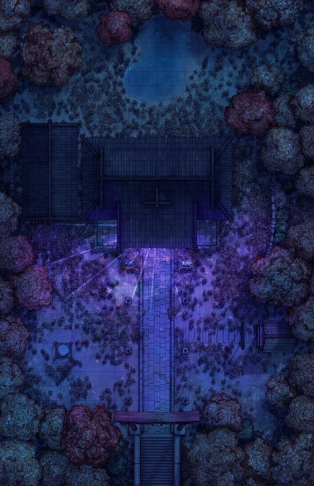 Hakurei Shrine Battlemap - overhead view dark forested temple - Digital, Foundry VTT, Print