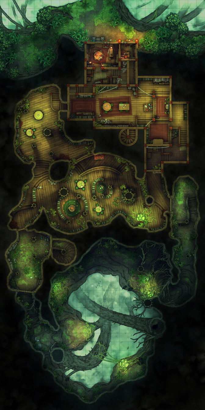 Hidden Spirit Tree Library Battlemap - green brown fantasy map intricate - Digital, Foundry VTT, Print