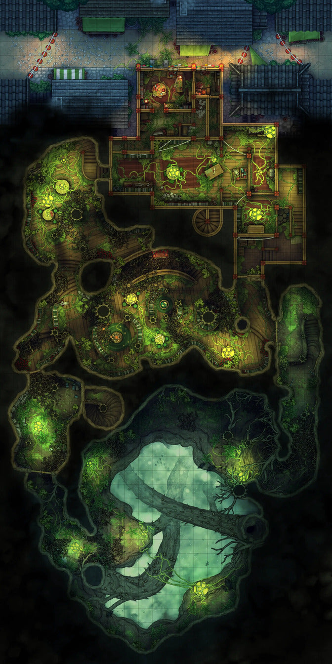 Hidden Spirit Tree Library Battlemap - green plant-themed rug intricate leaf - Digital, Foundry VTT, Print