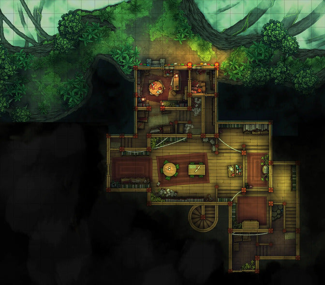 Hidden Spirit Tree Library Battlemap - wooden cabin red accents rustic - Digital, Foundry VTT, Print