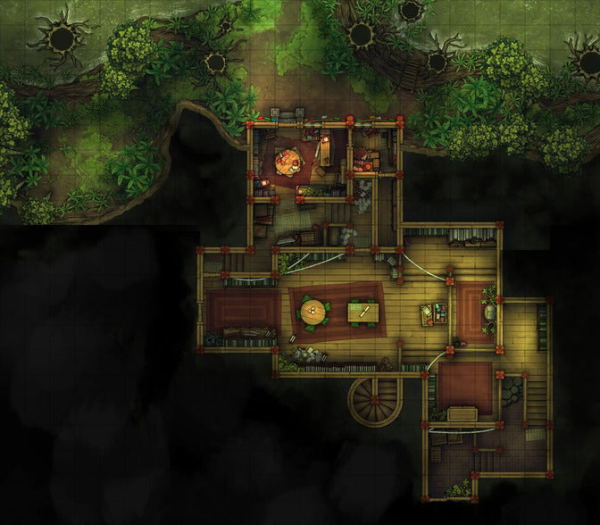 Hidden Spirit Tree Library Battlemap - wooden cabin red roof brown - Digital, Foundry VTT, Print
