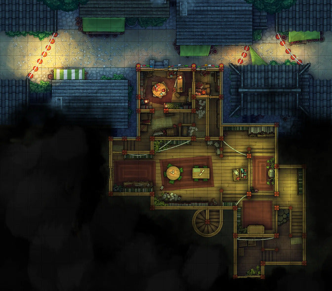 Hidden Spirit Tree Library Battlemap - wooden cabin red roof stone - Digital, Foundry VTT, Print