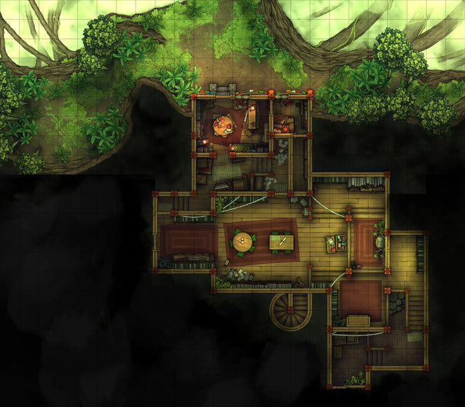 Hidden Spirit Tree Library Battlemap - wooden cabin thatched roof rustic - Digital, Foundry VTT, Print