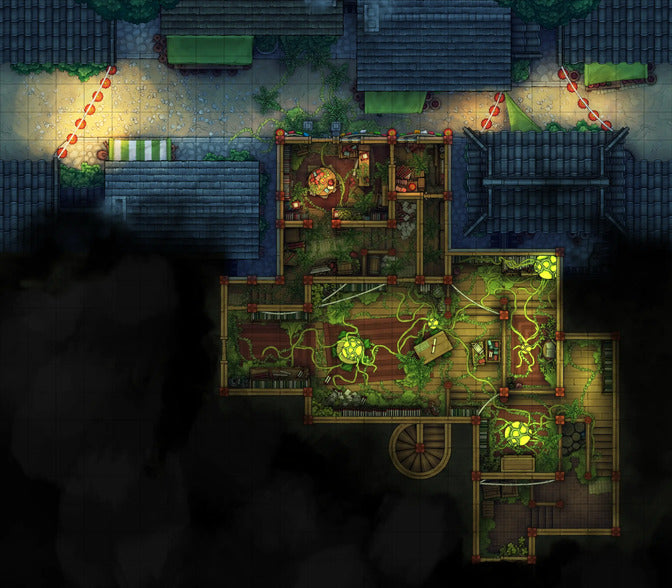 Hidden Spirit Tree Library Battlemap - wooden house green plants red - Digital, Foundry VTT, Print