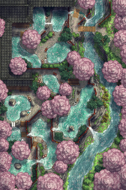 Hot Springs Onsen Bathhouse Battlemap - overhead view cherry blossom-filled japanese - Digital, Foundry VTT, Print