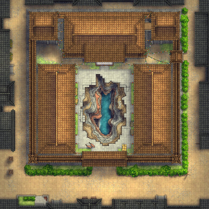 Imperial Caravanserai Post Station & Inn Battlemap - asian-style courtyard central chasm - Digital, Foundry VTT, Print