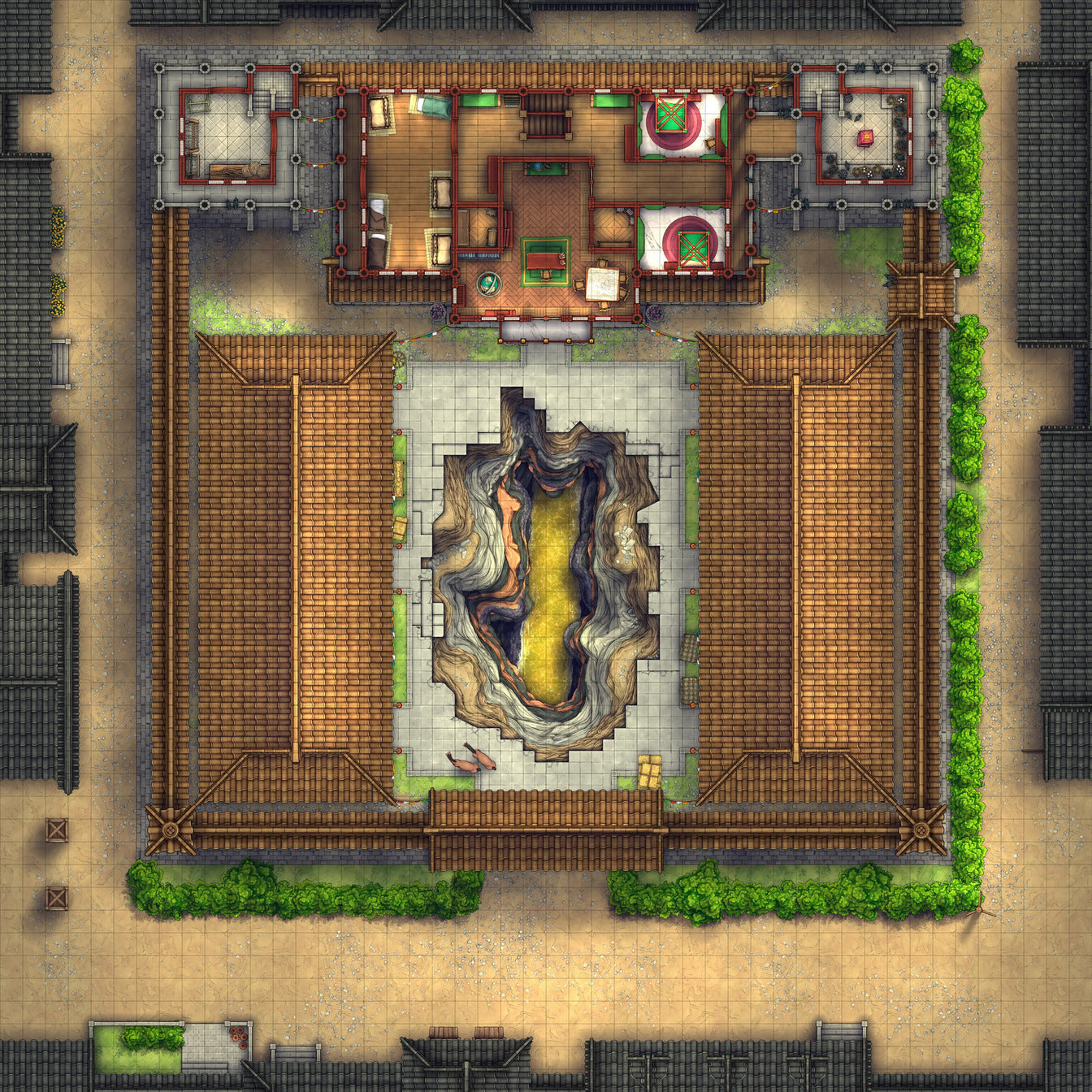Imperial Caravanserai Post Station & Inn Battlemap - asian-style central chasm - Digital, Foundry VTT, Print