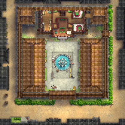 Imperial Caravanserai Post Station & Inn Battlemap - asian-style courtyard fountain - Digital, Foundry VTT, Print