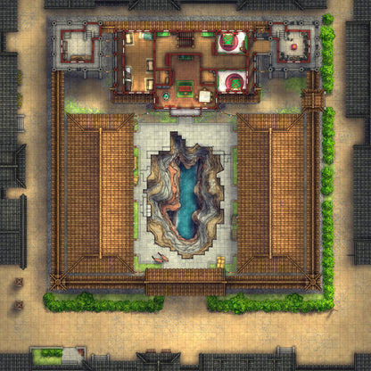 Imperial Caravanserai Post Station & Inn Battlemap - asian-style courtyard central chasm - Digital, Foundry VTT, Print