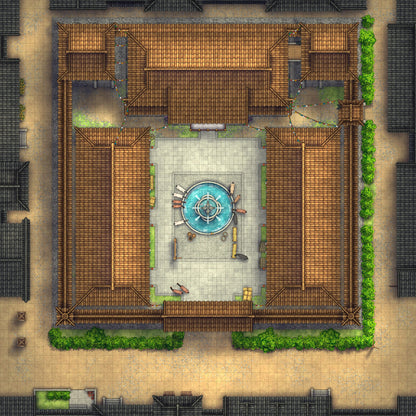 Imperial Caravanserai Post Station & Inn Battlemap - asian-style courtyard central fountain - Digital, Foundry VTT,