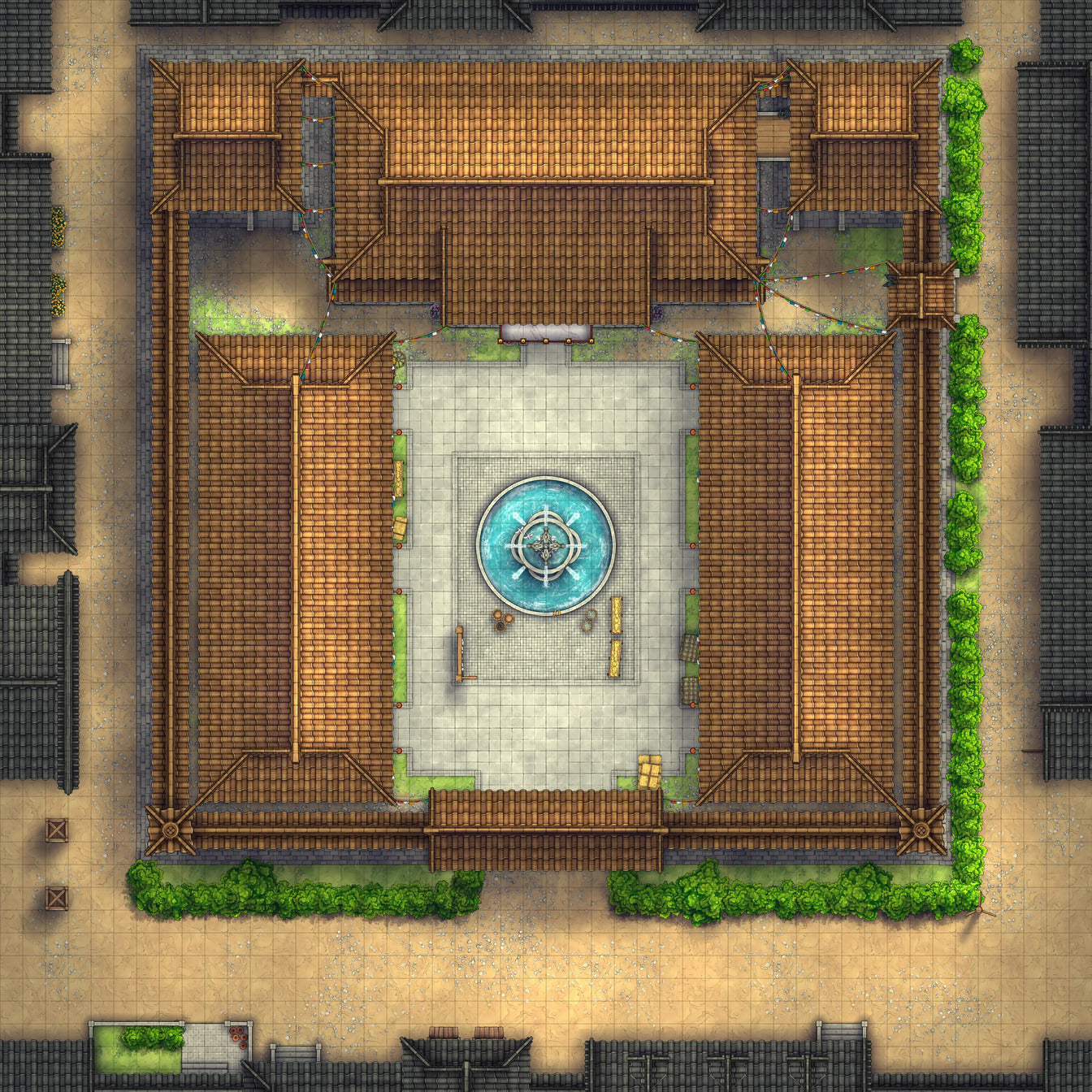 Imperial Caravanserai Post Station & Inn Battlemap - asian-style courtyard fountain - Digital, Foundry VTT, Print