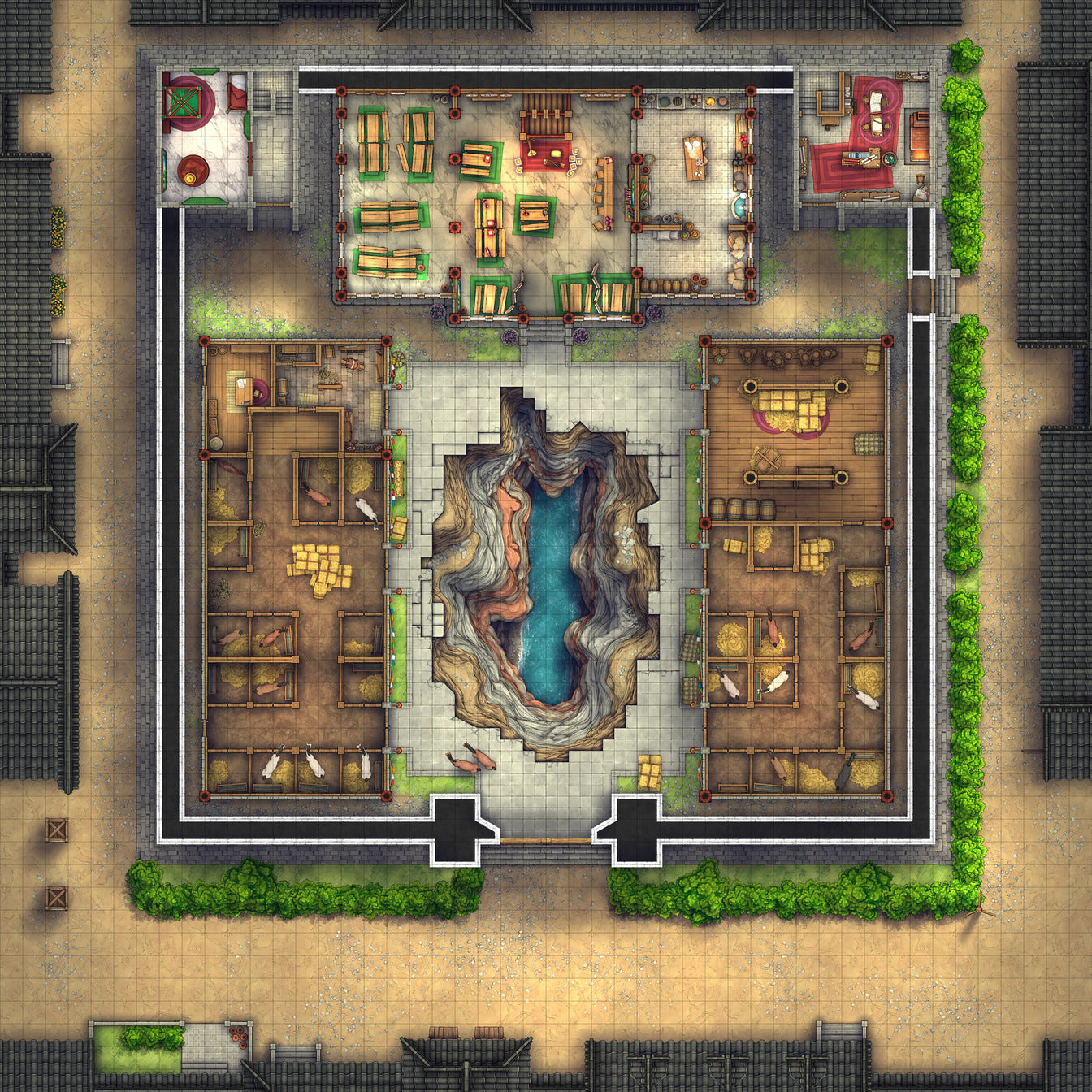 Imperial Caravanserai Post Station & Inn Battlemap - asian-themed complex central chasm - Digital, Foundry VTT, Print
