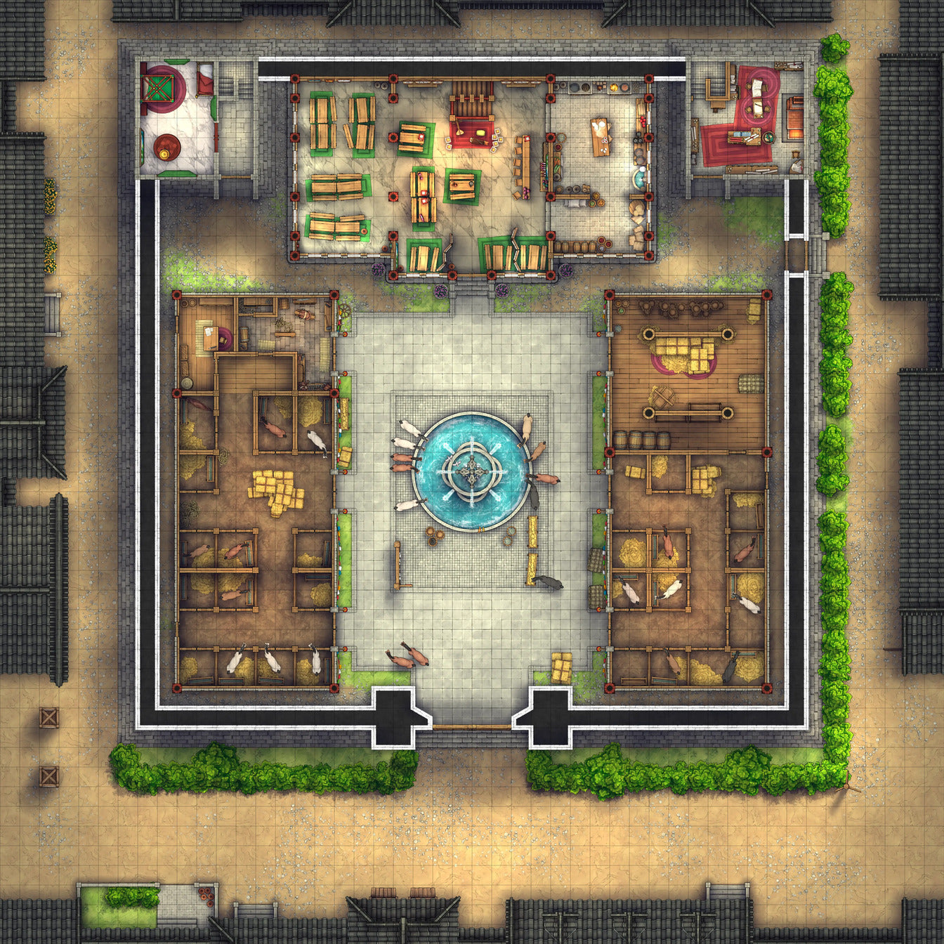 Imperial Caravanserai Post Station & Inn Battlemap - asian-themed town square - Digital, Foundry VTT, Print