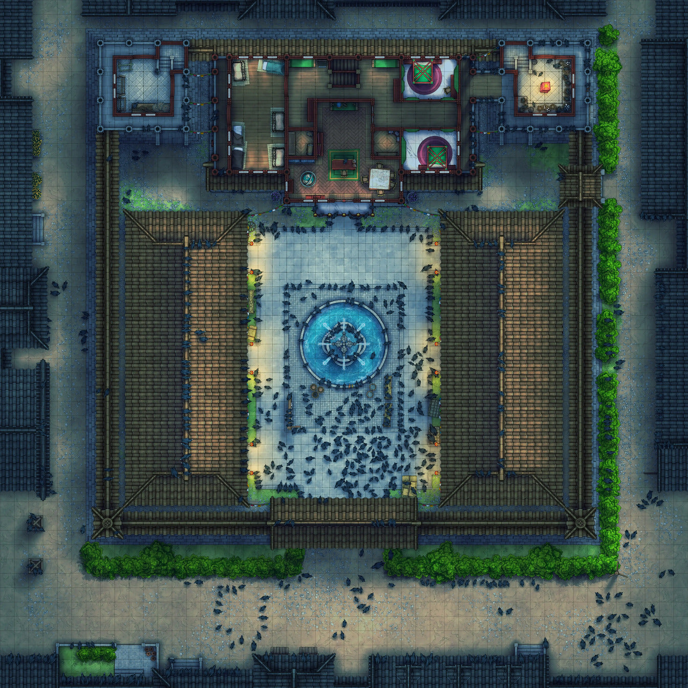 Imperial Caravanserai Post Station & Inn Battlemap - crowded asian courtyard - Digital, Foundry VTT, Print