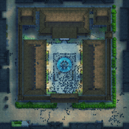 Imperial Caravanserai Post Station & Inn Battlemap - crowded city square fountain - Digital, Foundry VTT, Print