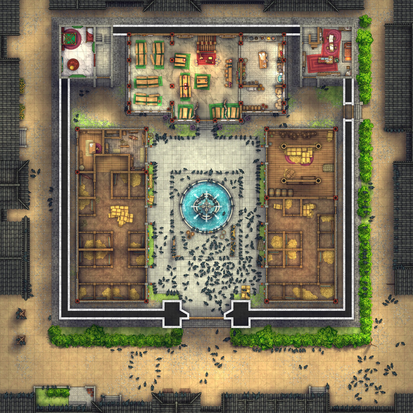 Imperial Caravanserai Post Station & Inn Battlemap - crowded town square fountain - Digital, Foundry VTT, Print