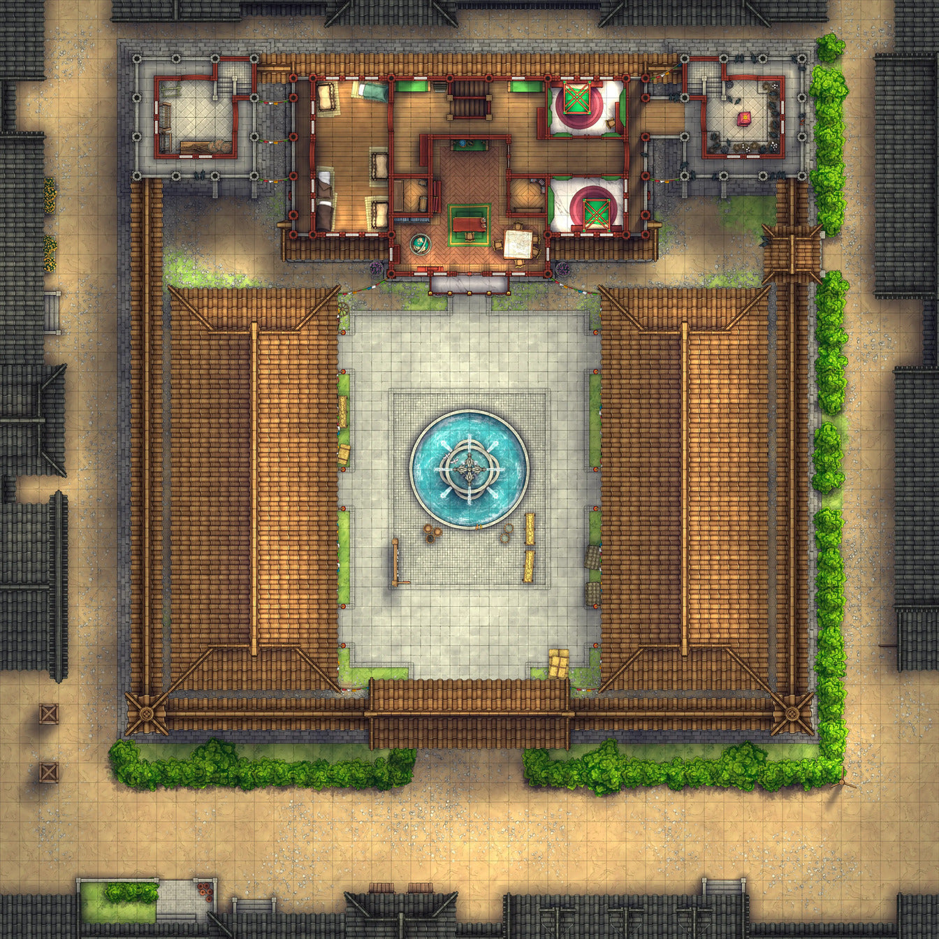 Imperial Caravanserai Post Station & Inn Battlemap - elaborate asian courtyard - Digital, Foundry VTT, Print