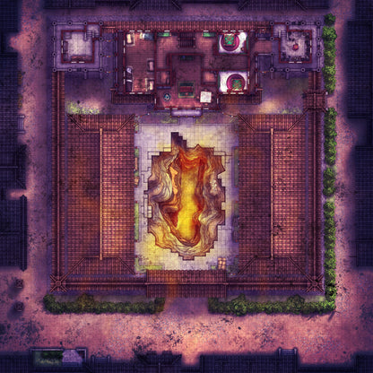 Imperial Caravanserai Post Station & Inn Battlemap - fiery courtyard chasm - Digital, Foundry VTT, Print