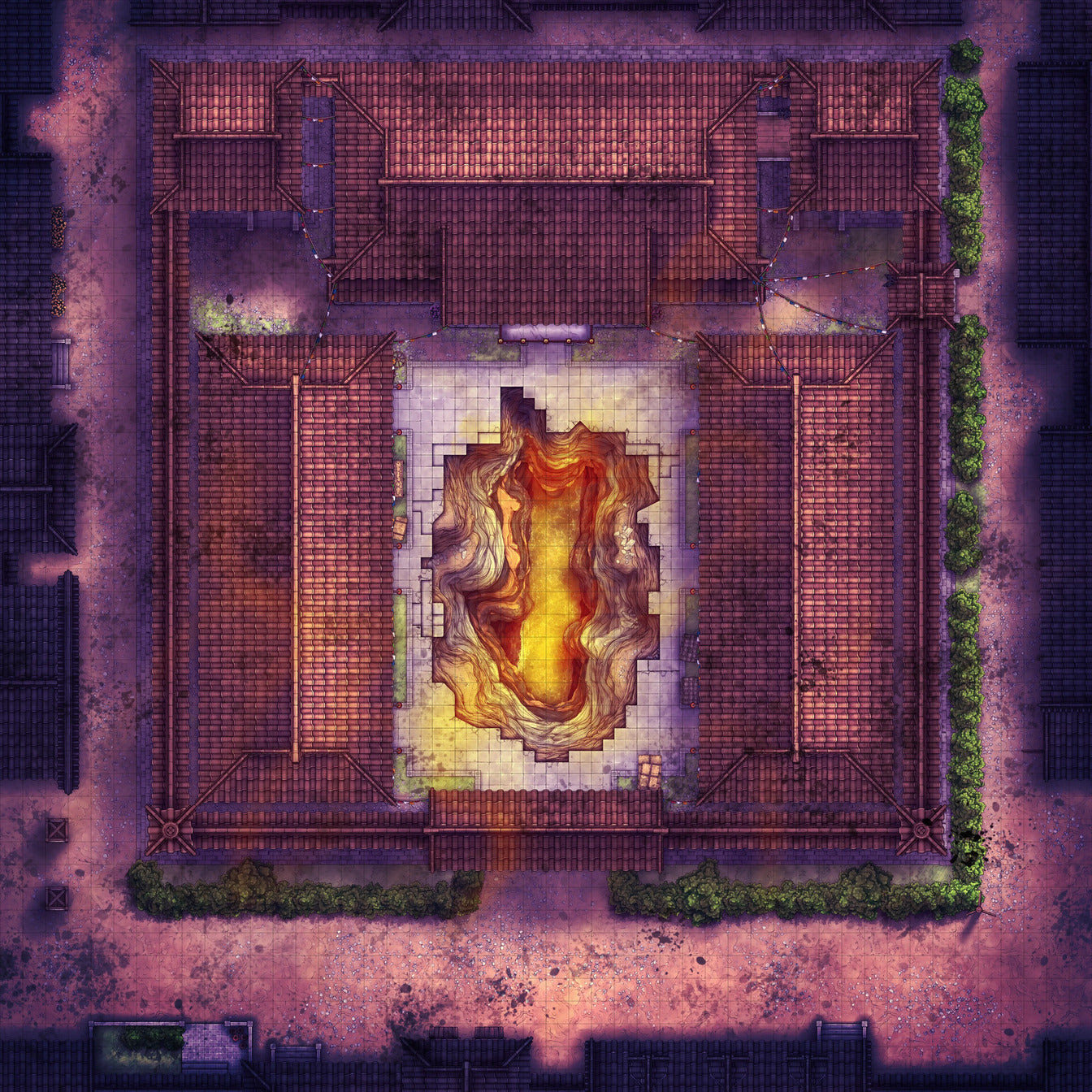 Imperial Caravanserai Post Station & Inn Battlemap - fiery courtyard chasm - Digital, Foundry VTT, Print
